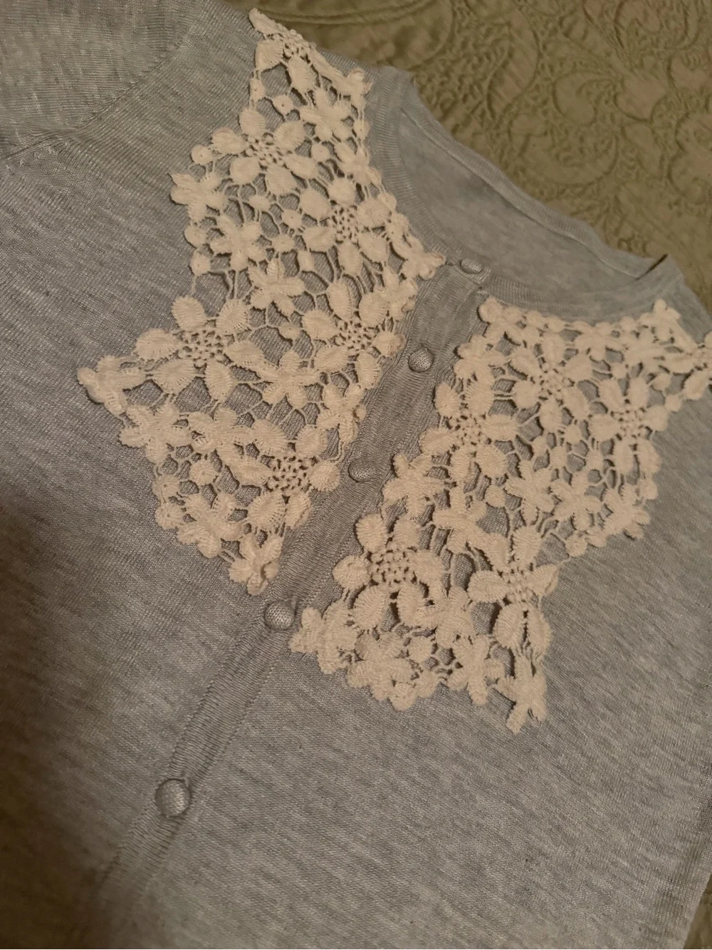 Silk Cotton Blend Gray Crew Neck Cardigan Sweater Cream Crochet Lace Yoke, S